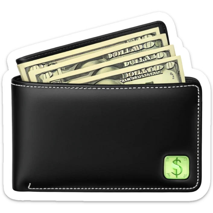 Rich emoji style black leather wallet with dollar bills, luxury money vibe, premium 3D emoji, ultra clean, high detail, no background sticker