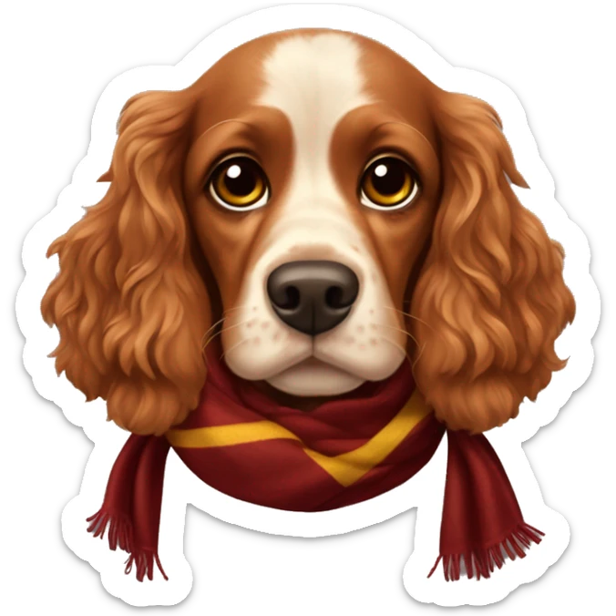 red dog Cocker Spaniel with brown nose and brown eyes in scarf of Gryffindor faculty sticker
