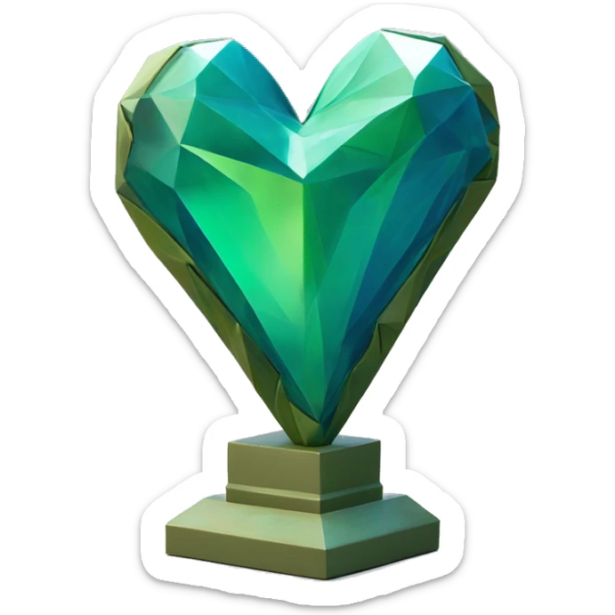 A blue-green heart sculpture with a geometric, faceted design. The heart is standing upright with angular and romantic vine features. The vibrant green colors highlights the sharp edges and planes. sticker