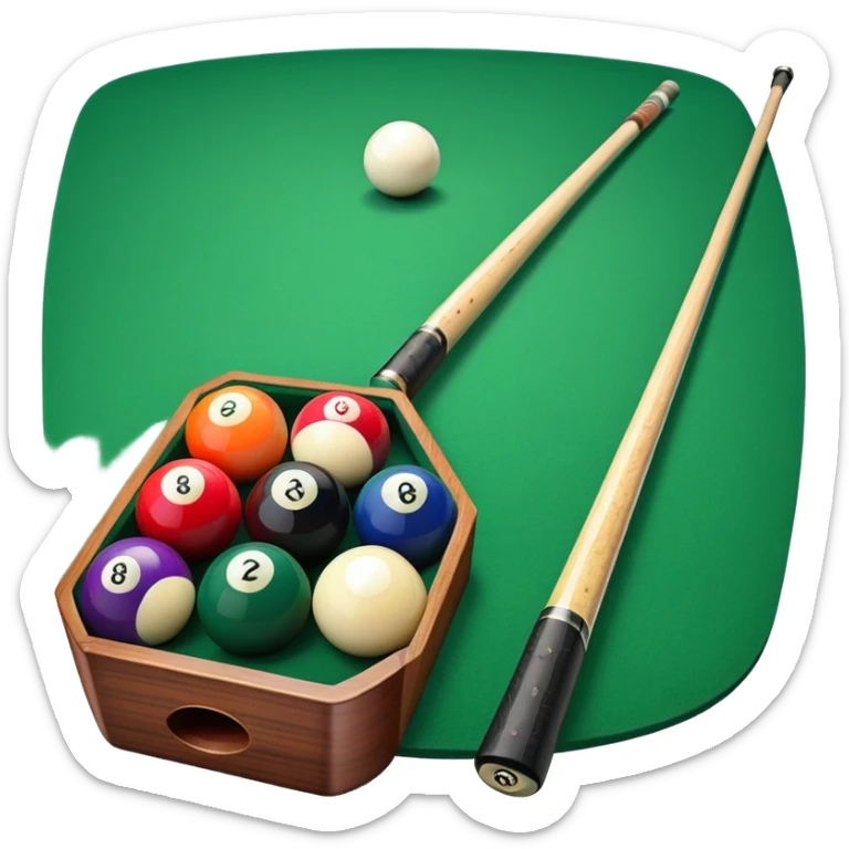 A close-up of a pool cue aimed at a set of colorful billiard balls resting on a green felt table. The focus is on the cue stick and the arrangement of balls, with subtle details of the game’s texture and atmosphere, emphasizing the precision and skill of billiards. sticker
