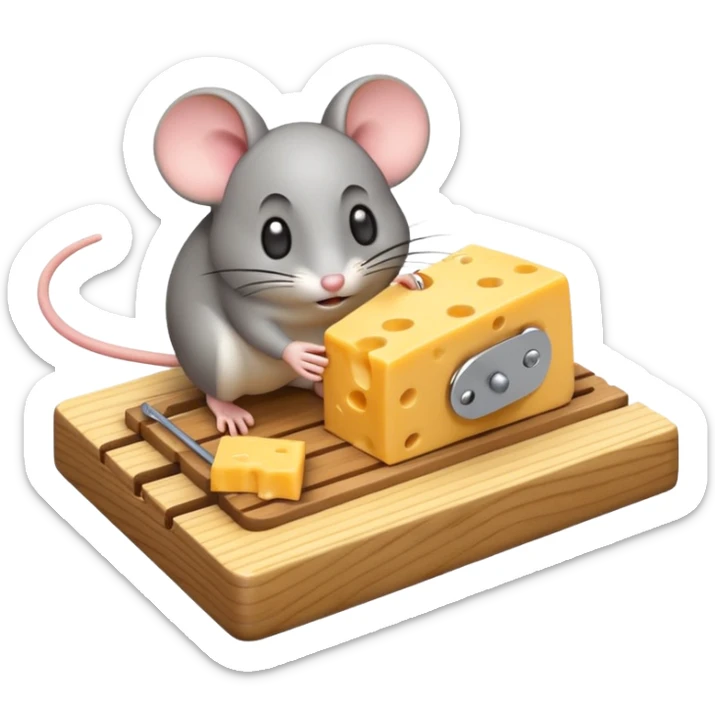 A 3D emoji in iOS emoji aesthetic style of a small mousetrap on a wooden base with a tiny gray mouse approaching a small piece of yellow cheese on it, minimal white background, bright lighting, clean and glossy Apple-style design sticker