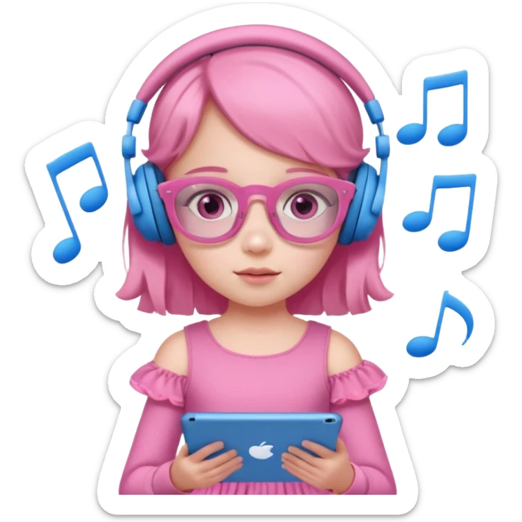 Little girl with headphones when pink eyes and pink iPad and pink dreamy background and rose colored glasses and blue music notes around her and pink dress sticker