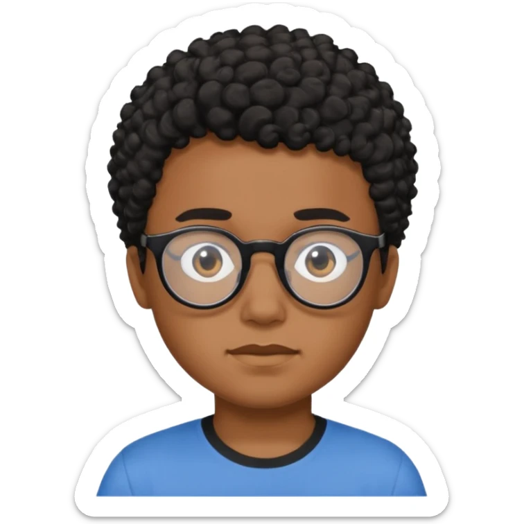 Menino moreno com cabelo curto cacheado preto, de óculos preto e blusa azul sticker