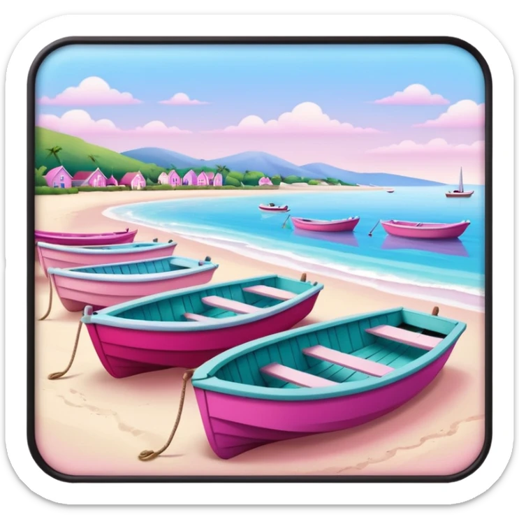 soft aesthetic coastal vibe with small boats, wooden docks, gentle waves, beach area, no industrial elements, only pink tones from pastel to vibrant fuchsia, soft shadows, rounded edges, in Apple iOS emoji style sticker