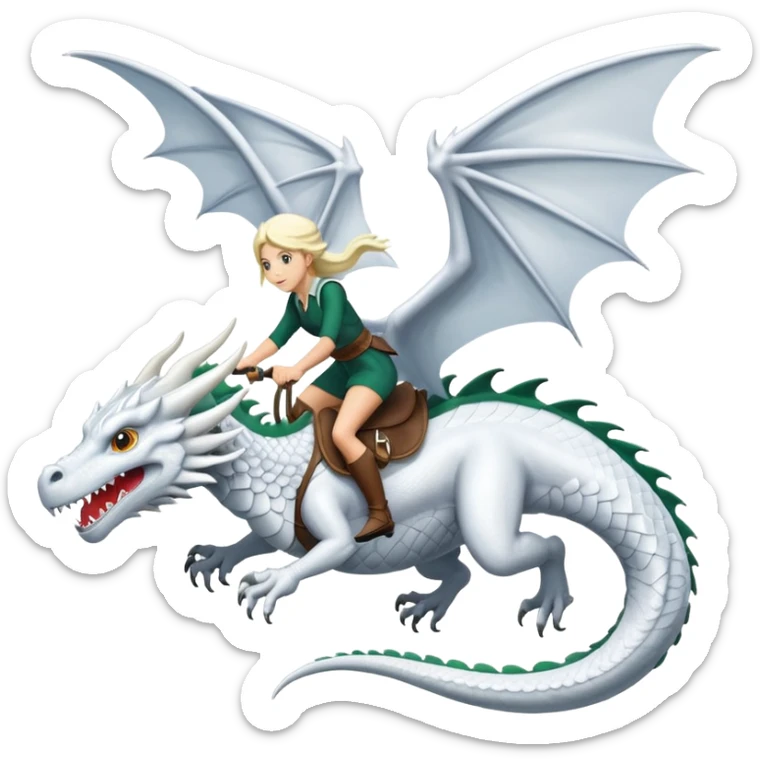 Large white dragon flying with a  female rider on top of it sticker
