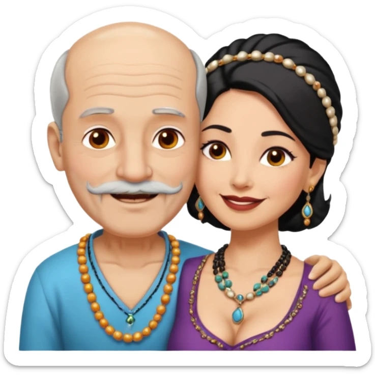 I want an old man with balding and grey beard  wearing no jewelery and a woman in her 40s with dark black hair parted in indian woman style wearing a beads chain  with the cleavage of the woman visible in a passionate embrace, both must be blissfully smiling sticker