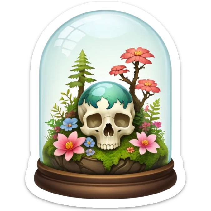 Mystical woodland glass-dome-terrarium-globe with moss and an animal skull and flowers inside  sticker