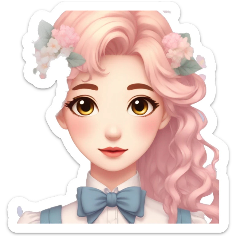 Gorgeous pastel anime style lady with blushing face and flowers and laces and bow ties and pretty hair aesthetic trending style sticker