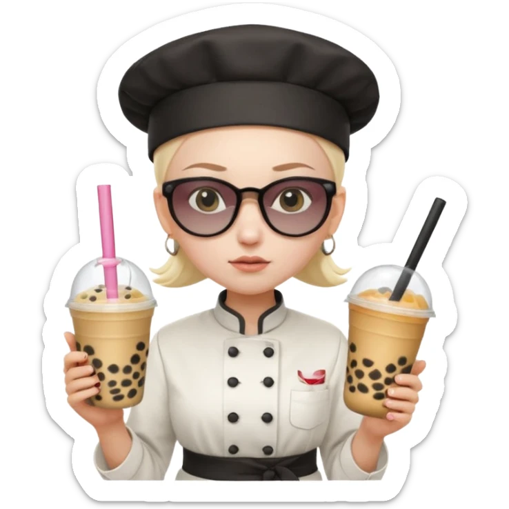A Angry Teen Female with Pale skin and Bald, wearing a Uniform outfit, a Chef hat, Sunglasses, carrying a Wand, working as a scientist, while drinking Bubble tea and reading a Book.
 sticker