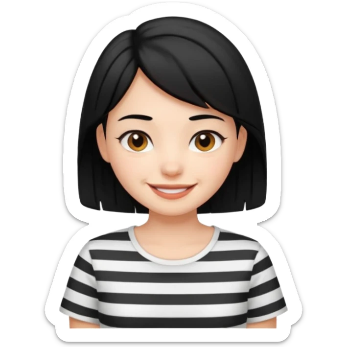 Black-haired girl, short to the neck, wearing white shirt with black stripes, happy sticker