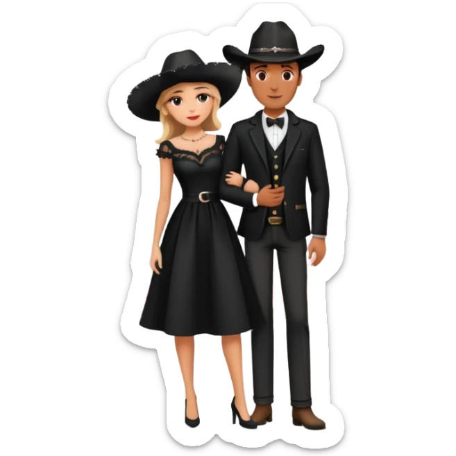 couple in front of Eiffel Tower, man in black cowboy hat, woman in elegant Parisian style dress with out hat, pink flowers around and Eiffel Tower in the background  sticker