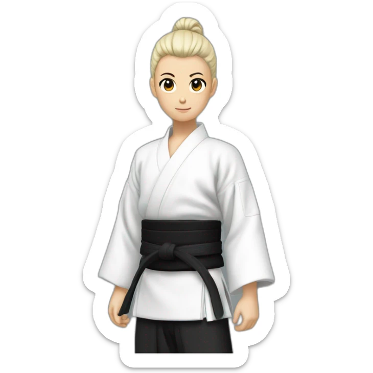 aikido stand up no hat black hakama whiet jacket white very short hairhair sticker