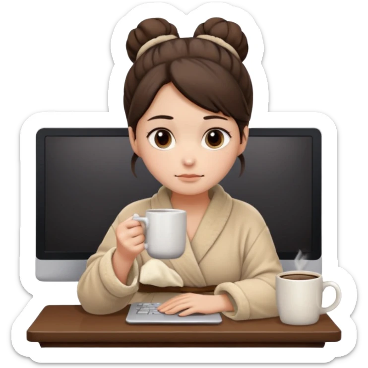 A brunette girl with a bun as hairstyle, with dark brown eyes, dark circles under eyes, tired, sad face, with a mug of coffee in one hand and sitting in front of a computer, wearing a soft fluffy beige robe sticker
