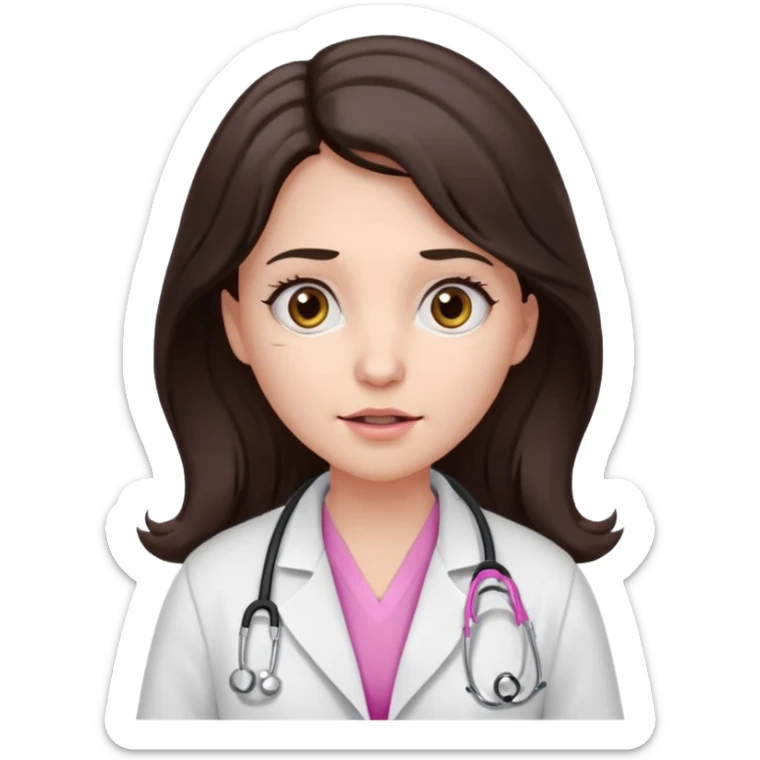 Barbie like emoji of a woman with white skin long wavy dark brown hair, brown eyes wearing a white lab coat and pink stethoscope and with a scared look sticker