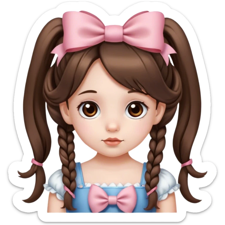 niña pequeña, muy bonita, de piel blanca, con cabello largo y dos coletas con lazo coquette cada una, con ojos marrones  sticker