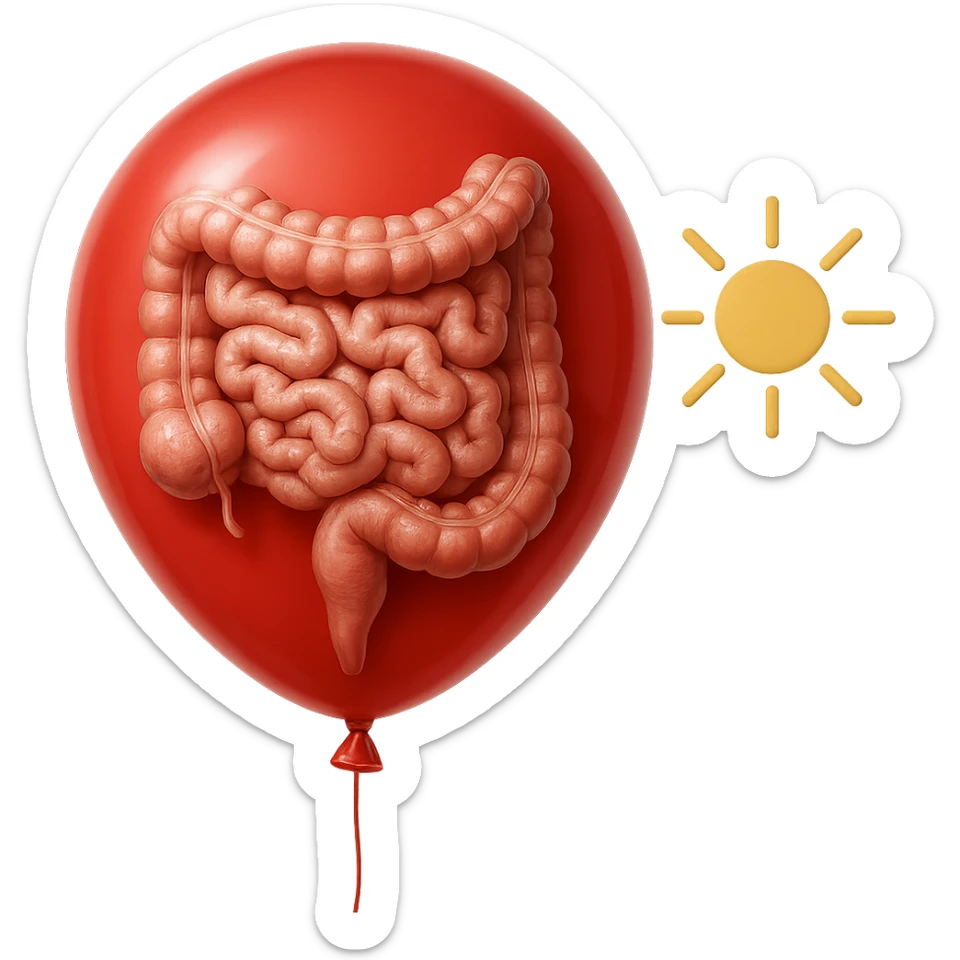 intestino umano anatomico chiuso in un palloncino rosso che simboleggia gonfiore, accanto un simbolo di sole che simboleggia "gonfiori di mattina", iperrealistico 4k sticker
