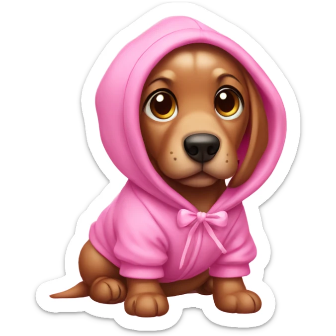 Sausage puppy wearing a pink hoodie and with pink bows on his ears sticker