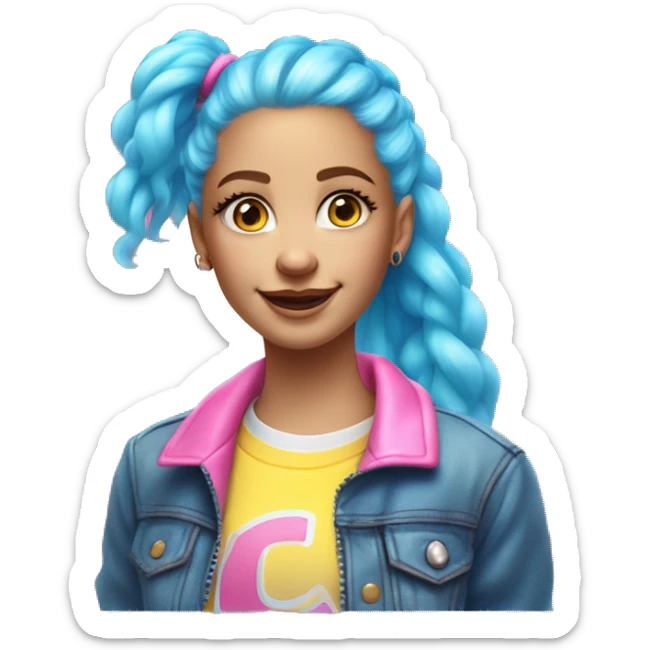 happy white girl with fluffy waist length neon pink hair, a half up half down hairstyle with two pigtails, side-swept bangs, blue eyes, a pastel yellow t-shirt and a translucent holographic varsity jacket sticker