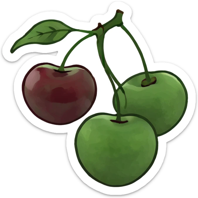 3D style pair of deep burgundy cherries with green stem, rich dark red color sticker