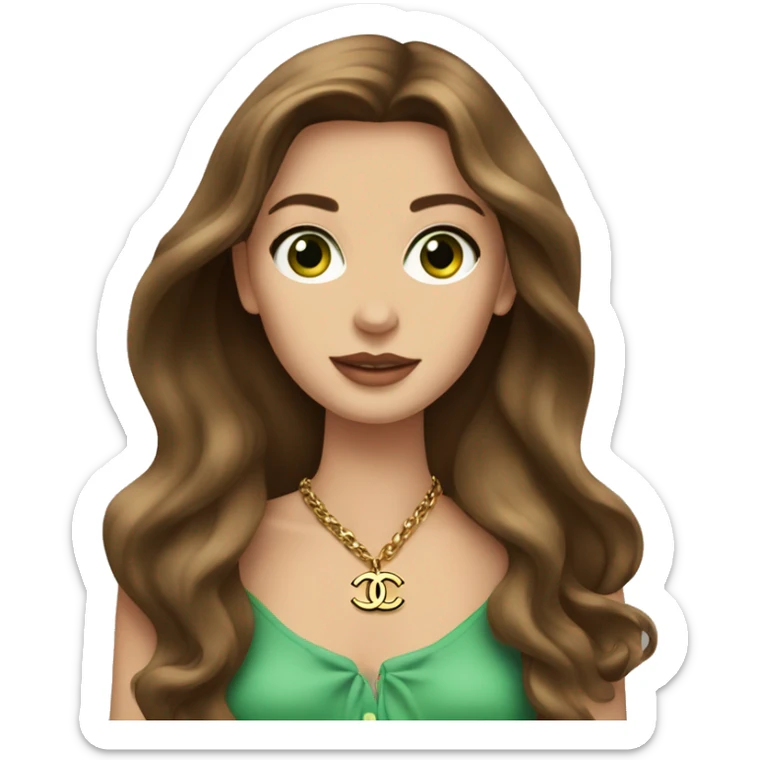 A Chanel girl with long brown hair, green eyes, a Birkin bag and a Chanel necklace sticker