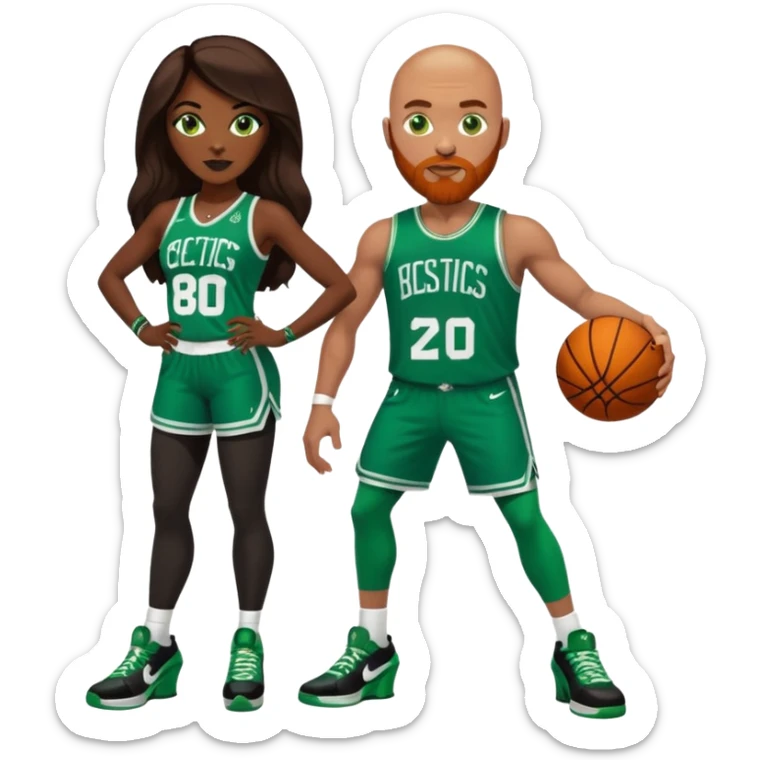 48-year-old dark skin black woman with brown eyes, long dark brown hair dressed in sexy 
celtics jersey costume outfit wearing stilettos heels. A bald white man with ginger beard. he has blue/green  eyes, wearing a Jason Tatum Boston Celtics Jersey & green Nike sneakers  sticker