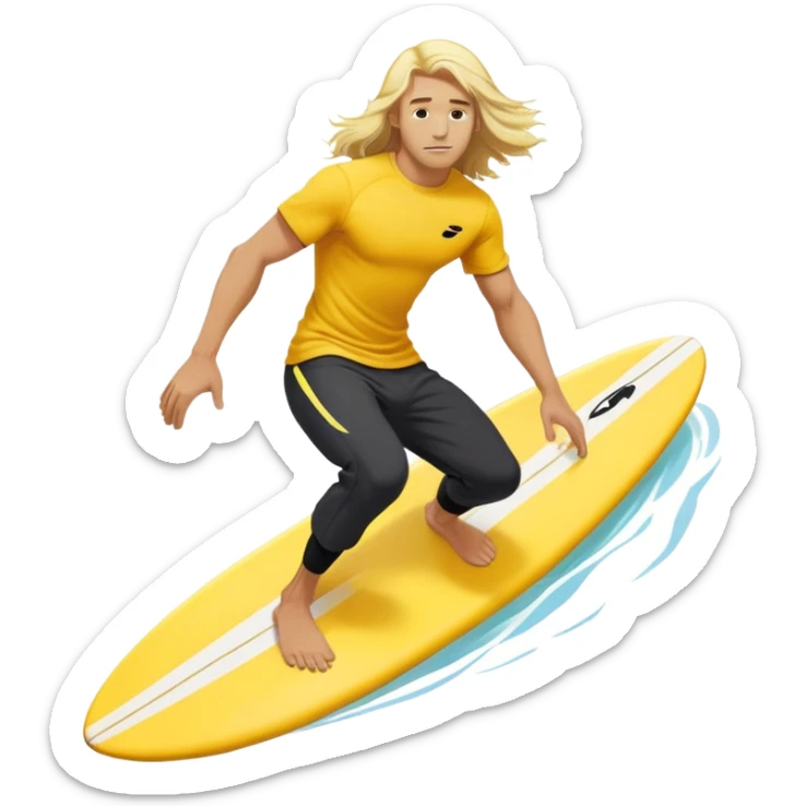 Man surfing on a yellow white board with long blond hair, yellow t-shirt with black Nike logo in center of chest, black baggy sweatpants. sticker