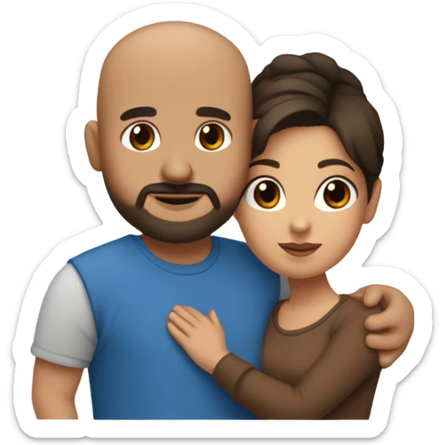 Comforting hug from brunette Puerto Rican with dark brown eyes wearing a cute blue top to short, bald man with brown eyes and a beard wearing a brown sweater sticker