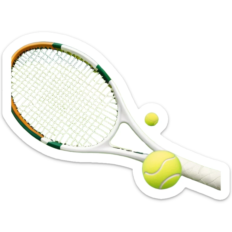 A tennis racket resting on the green grass of a tennis court, with a tennis ball placed nearby and the net stretching across the court. The background captures the fresh, open atmosphere of a traditional grass court, emphasizing the elegance and precision of the sport. sticker