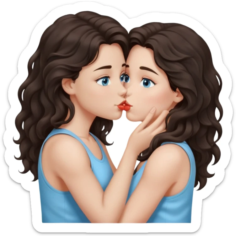 A girl with long, dark brown, wavy hair, grey-blue eyes, and a light blue tank top gives a kiss  sticker