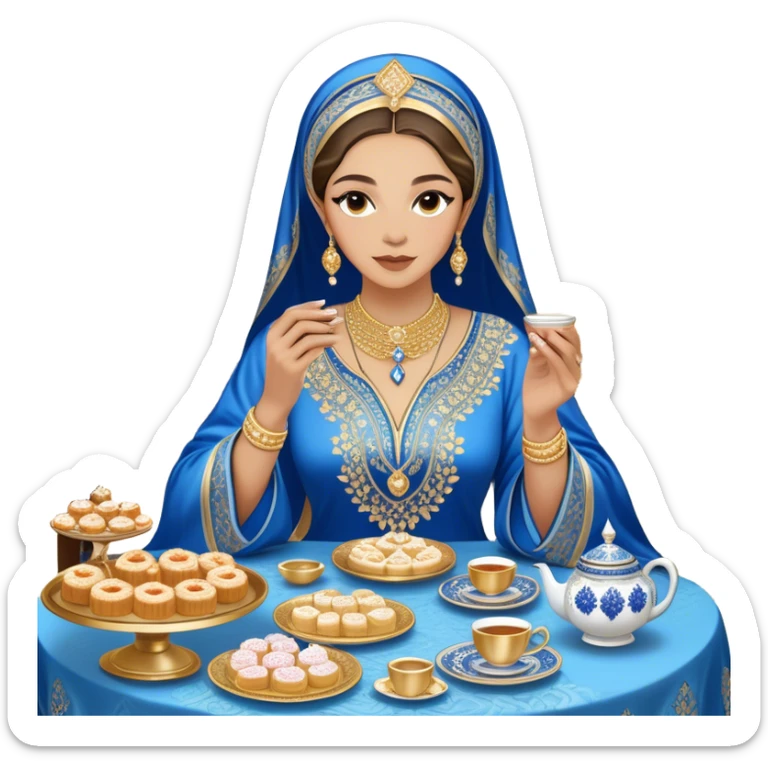 Arabian hospitality and tradition. A woman dressed in an elegant, intricately embroidered blue and gold kaftan sits gracefully at a lavish table filled with traditional sweets like luqaimat, pastries, and cakes, featuring silver tea sets, candles, and luxurious textiles sticker