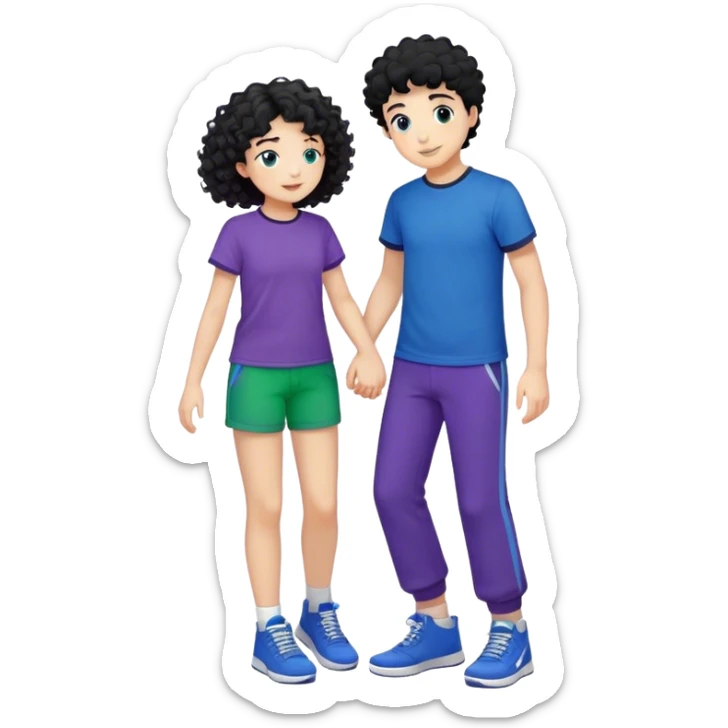 curly haired girl with blue t-shirt, purple wide trousers and white sneakers giving a hug to a black haired boy with blue t-shirt, green short pants and bñack boot sportshoes sticker