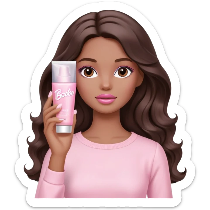 A white Barbie girl with long dark brown wavy hair in pale pink clothes smears by hand cosmetic cream on her face sticker