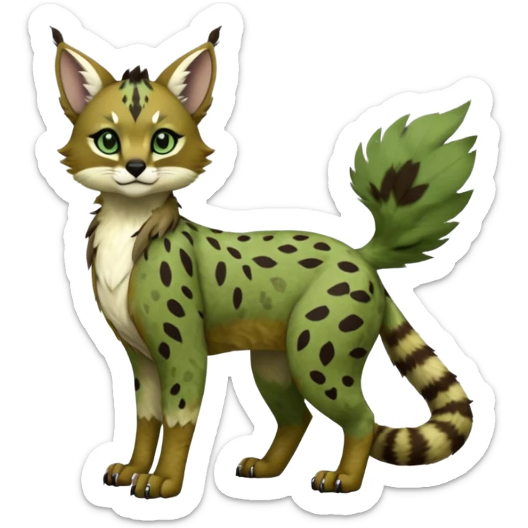 Cute kawaii cool edgy badass  sage-green and moss-brown camouflage-speckled matte fur fantasy-caracal-civet-genet-sergal-vernid-Gryphon-Cacomistle-Trico-oncilla-animal-Fakémon-hybrid-fursona (full body), facial markings, (realism style) sticker