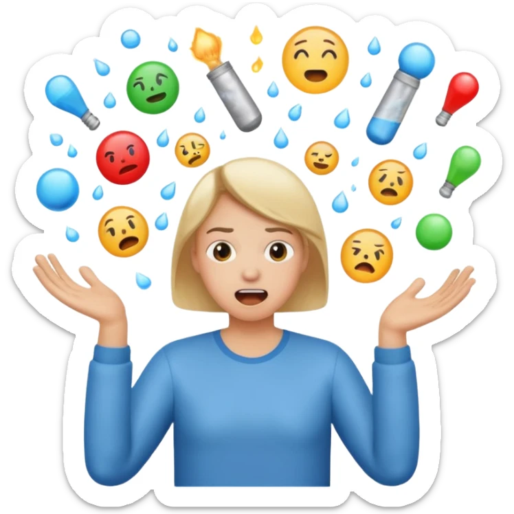 create an emoji of a gender neutral person juggling lots of work looking very stressed out sticker