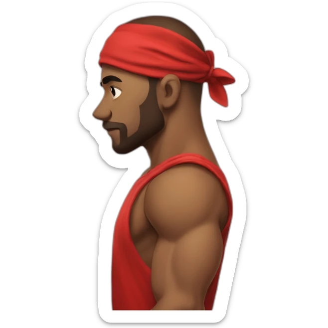 muscular man in red bandana standing sideways turns his head to face the viewer,his hand is bent in the elbow,torso sticker