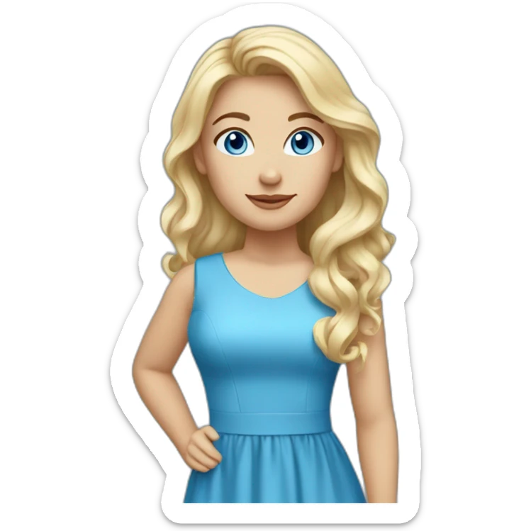 A beautiful blue eyed woman. Her hair is long, blonde, and wavy. She is wearing a blue dress. sticker