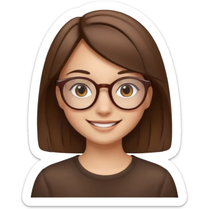 A girl with straight brown hairs and beige roundish glasses sticker