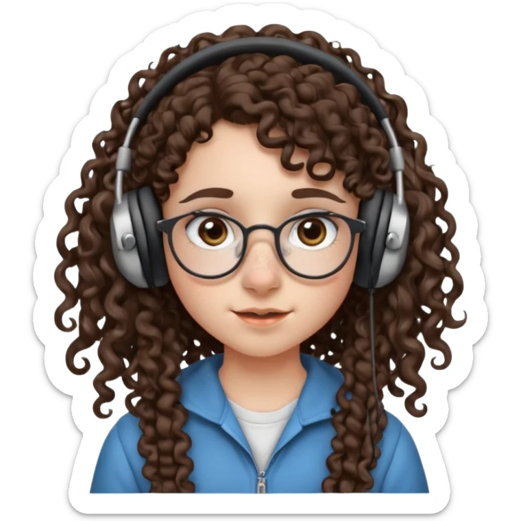 brunette kid with unique face features and very curly long hair kid girl neutral and very big nose and ears and dark eyes with freckles kind of nerd looking and headphone wearing no glassess just nose piercing very big one and evebrow piercing sticker