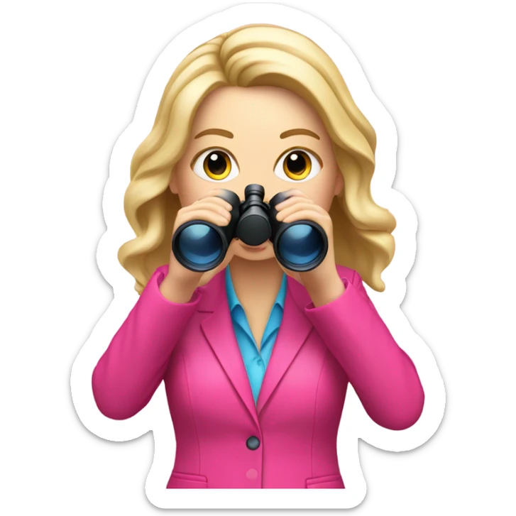 white female employee with loose blonde hair wearing intensive color pink suit looking in binoculars sticker
