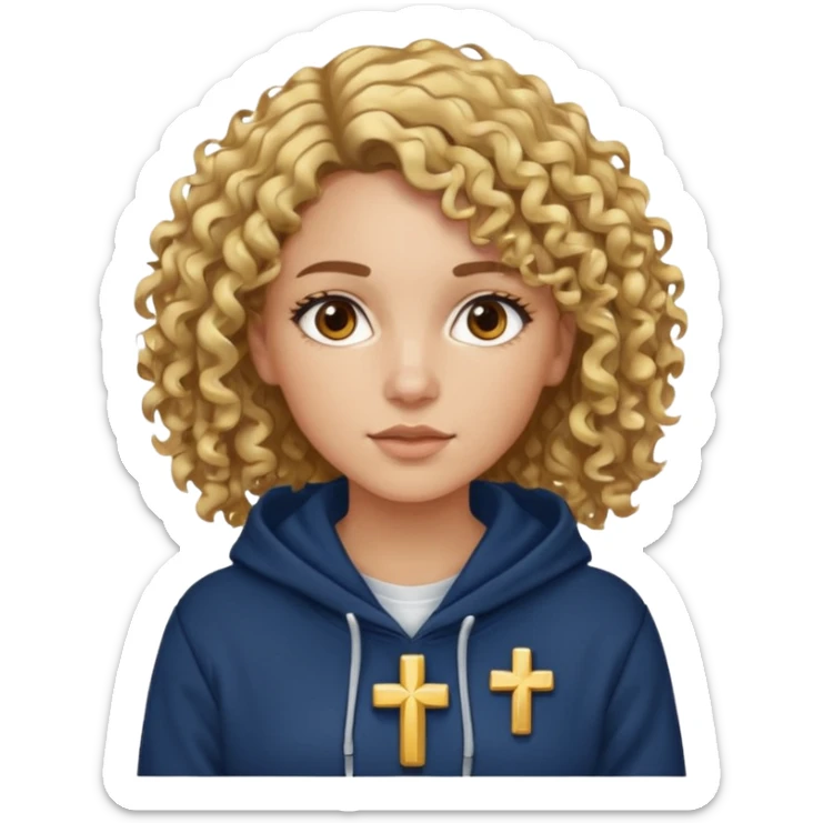 woman with curly brown hair and blonde highlights, brown eyes, and a gold cross necklace over a navy hoodie. sticker