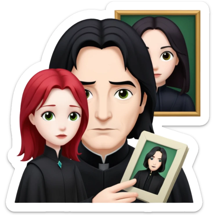 Severus Snape with black hair looking at a photo of Lily with red hair sticker