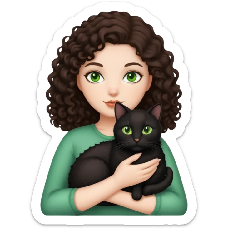 white curvy girl with dark brown curly hair, green eyes and with black cat on her hand sticker