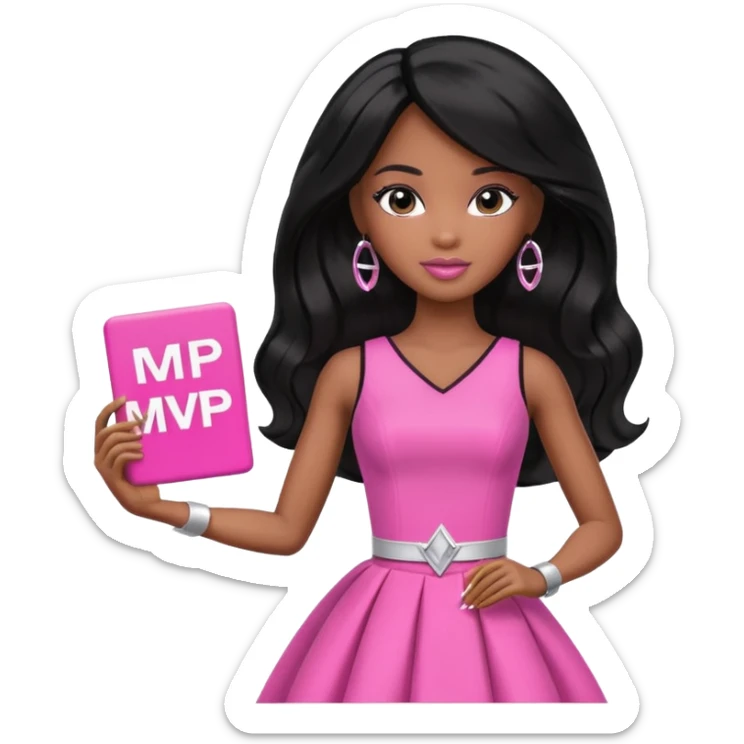 Black barbie, long black  hair, pink dress holding mvp sign  sticker