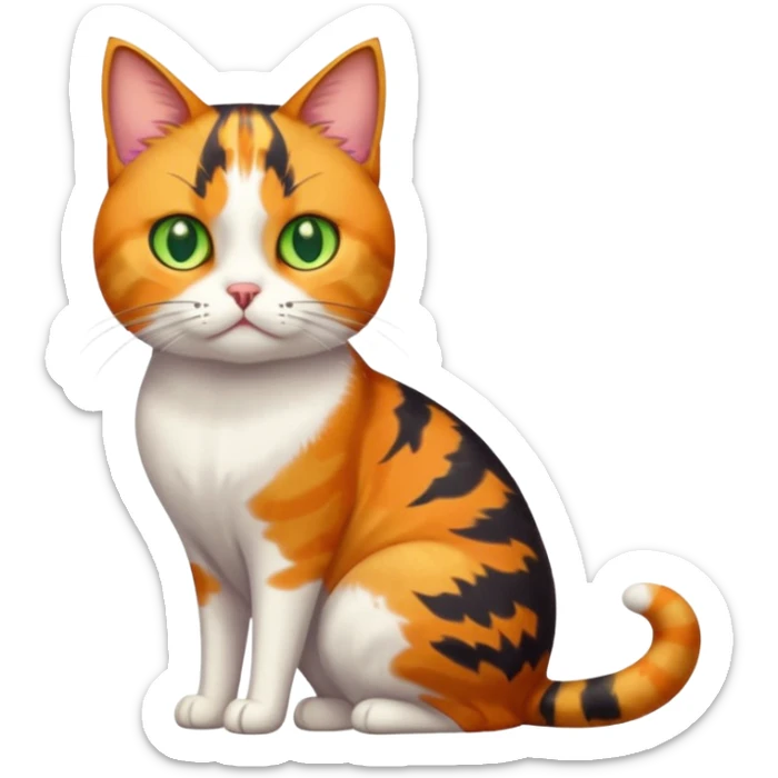 full body colourful calico tabby cat with skinny head and fat body with an anxious face sticker