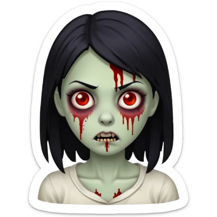 white girl zombie with black hair and blood, scary expression sticker