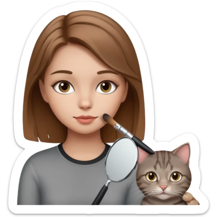A image of a girl with light brown hair doing her makeup with her grey tabby cat sticker