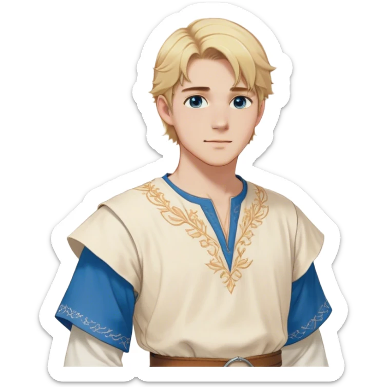 Medieval summer outfit worn by a DnD themed fantasy male character. Light cotton tunic in natural cream color with short sleeves, embroidered with simple floral patterns at the hem, paired with a thin leather belt. Clothes only above the waist, full waist coverage. The character has no arms. Character is white-skinned with golden blonde hair styled in a classic page-cut that falls just above the ears, slightly longer in the back, bright blue eyes, and youthful features. sticker
