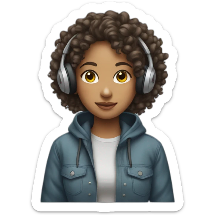 A curly-haired girl with headphones, a hoodie and earrings sticker