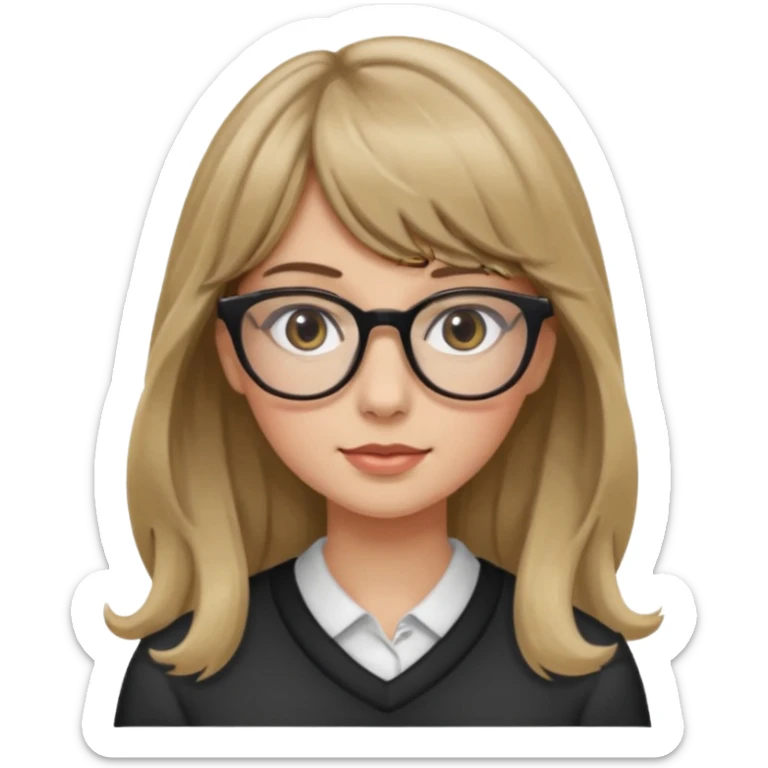 Uma garota de cabelo ondulado loiro escuro,mas com franja lisa e olhos pretos,usa óculos e a cor de pele branca,e o cabelo LONGO sticker