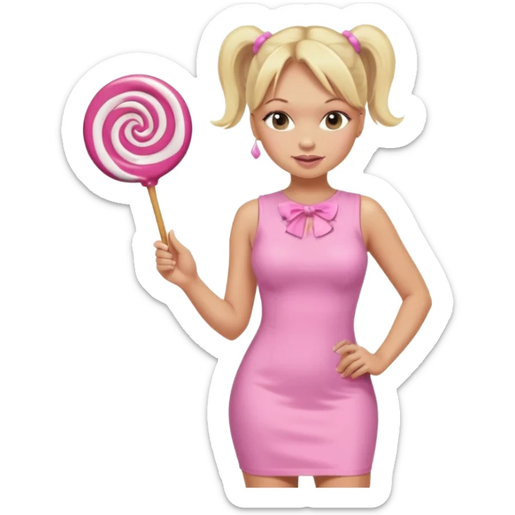 Emma Bunton with long blonde ponytails wearing light pink bodycon dress holding a lollipop sticker